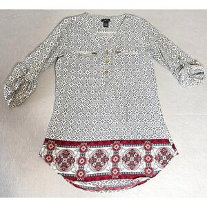 Rue21 Patterned Blouse 3/4 Roll Sleeve‎ Boho Hippie Red Blue